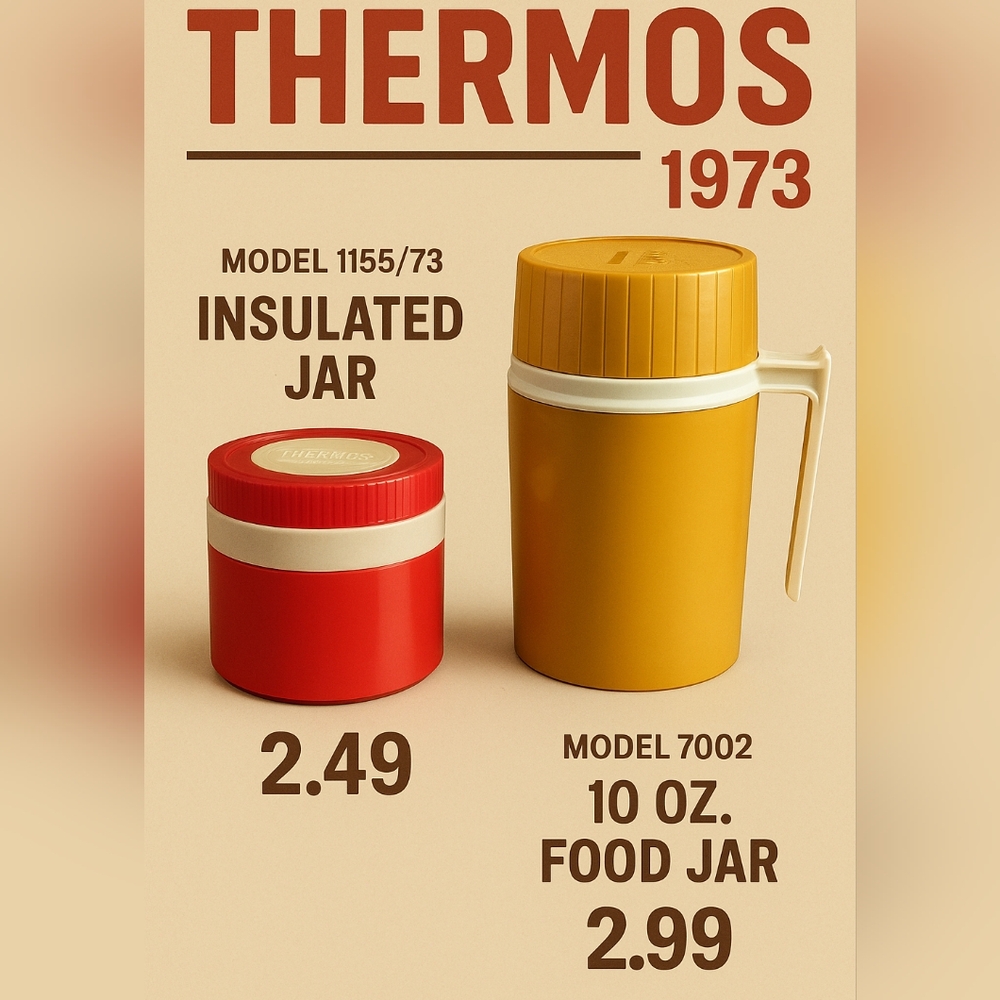 Vintage Thermos Brand Insulated Food Jars – 1970s Retro Mustard & Red